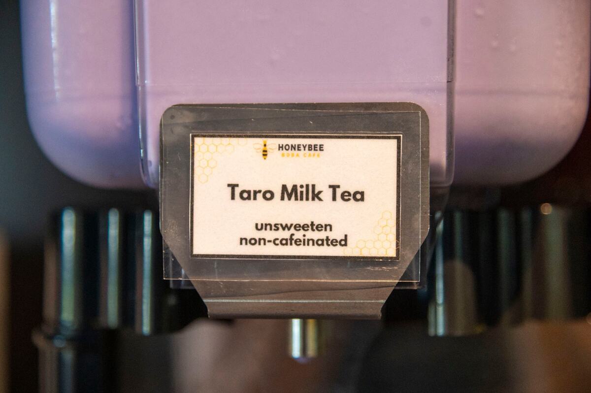 Taro milk tea is offered at Honeybee Boba Cafe in East Sacramento on Wednesday.