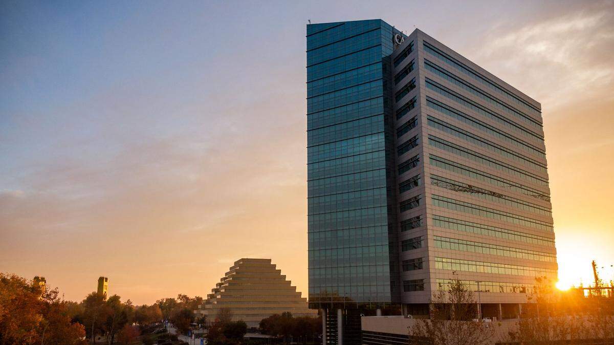 The California State Teachers Retirement System, or CalSTRS, headquarters on Waterfront Place in West Sacramento is seen at right in a drone photo Dec. 5, 2020.