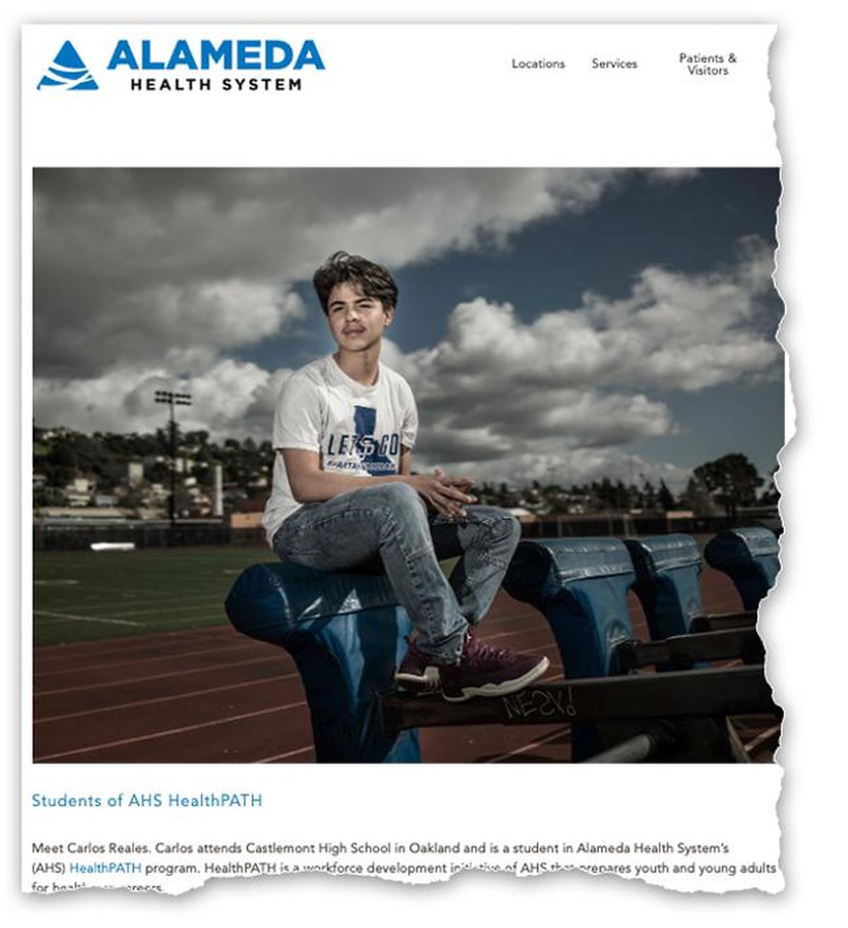 An image of Carlos Reales Dominguez is displayed on the Alameda Health System website, where his LinkedIn bio says he worked as an intern. 