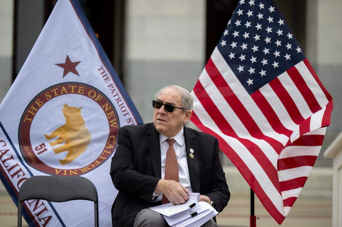 Paul Preston, creator of the New California State proposal, waits before speaking Tuesday to supporters of his plan to split the state into urban and rural states at the Capitol.