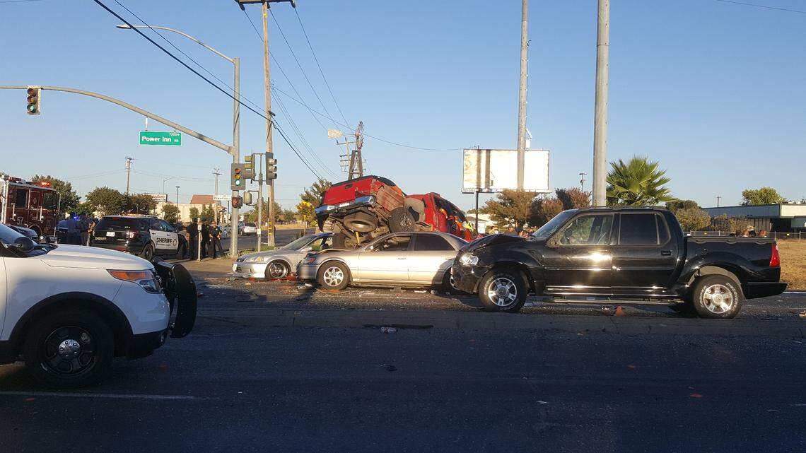 The driver of a red truck was stopped for speeding and then ran a red light into the intersection of Power Inn and Florin roads. He was arrested on suspicion of DUI.