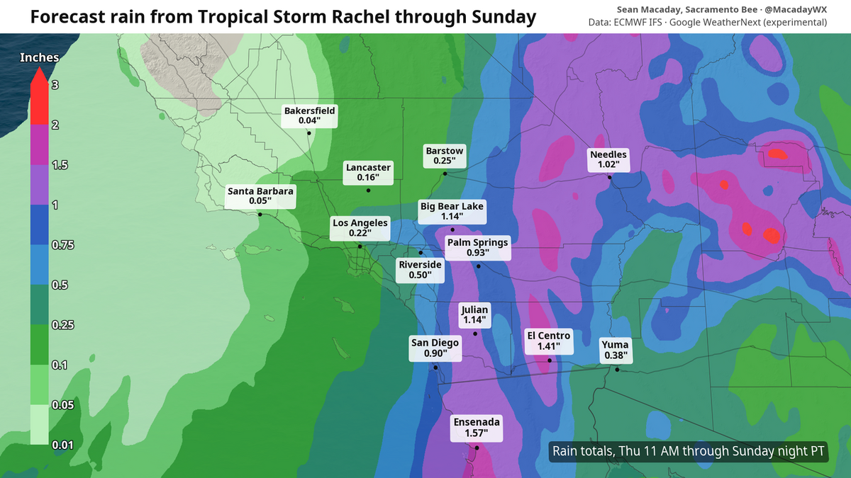 Forecast approximate rainfall from Tropical Storm Rachel through Sunday.