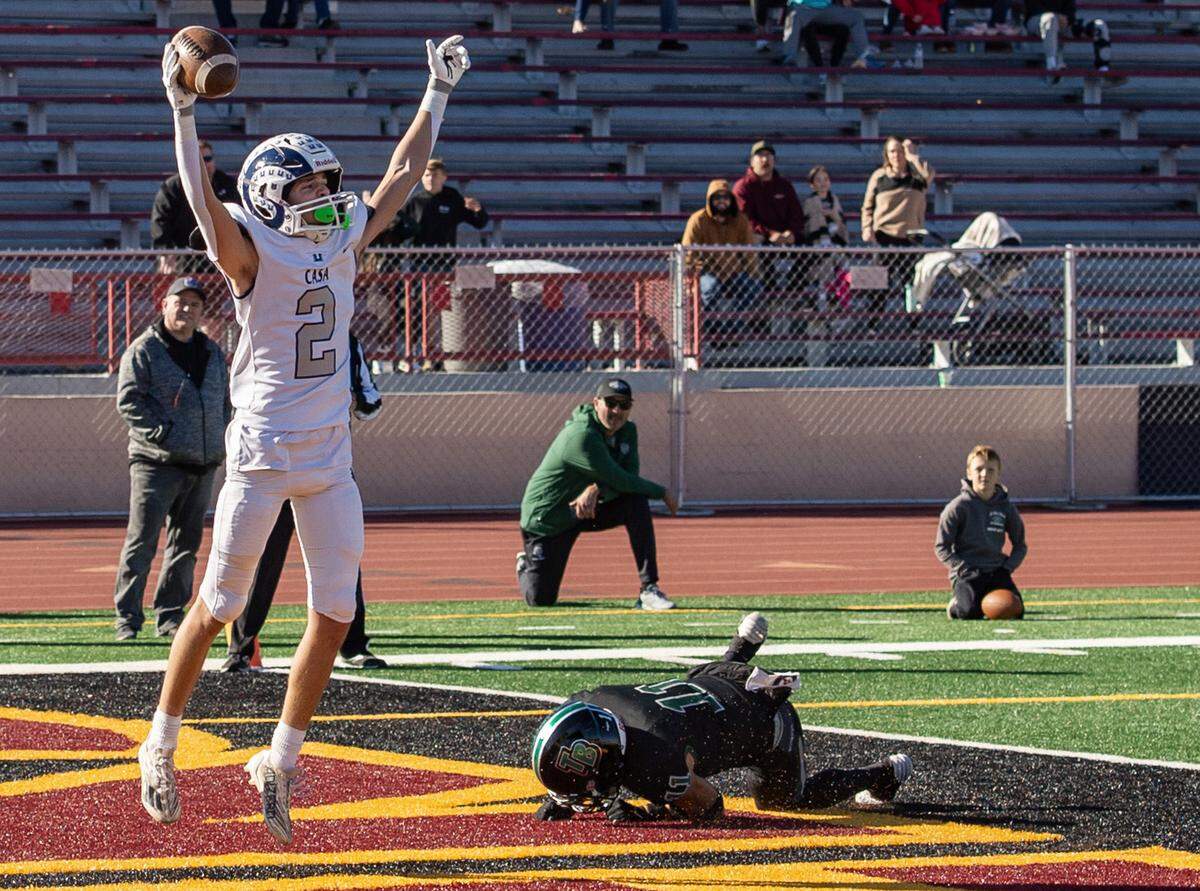 Casa Roble Rams’ Ethan Horner (2) celebrates after catching the game-winning two-point conversion in the final minutes of the CIF Sac-Joaquin Division V section football championship game on Friday, Nov. 24, 2023, at Hughes Stadium.