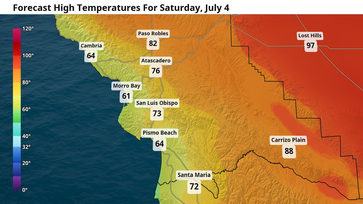 Forecast high temperatures for Saturday, July 4