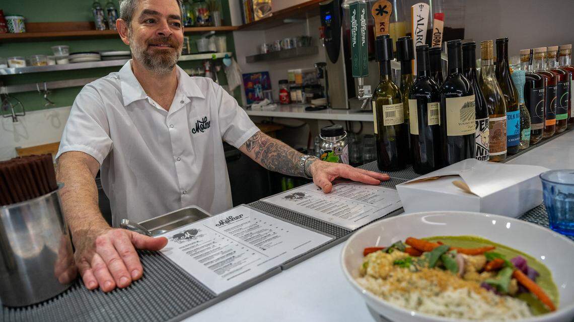 Robb Venditti, owner and chef at Mother, a vegetarian restaurant, serves one of his favorite dishes, Spring Thai Curry with cilantro rice, cauliflower, peas, carrots, red onion and toasted garlic, on Wednesday, April 8, 2026.