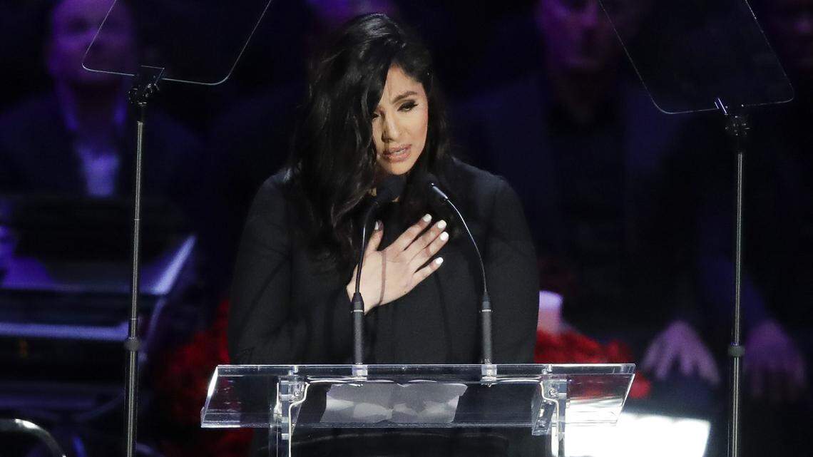 FILE - In this Feb. 24, 2020, file photo, Vanessa Bryant speaks during a celebration of life for her husband Kobe Bryant and daughter Gianna in Los Angeles. The widow of basketball star Kobe Bryant is “absolutely devastated” by allegations that deputies shared graphic photos of the helicopter crash scene where Bryant, their 13-year-old daughter and seven others were killed, her lawyer said in a statement Saturday, Feb. 29. (AP Photo/Marcio Jose Sanchez, File)