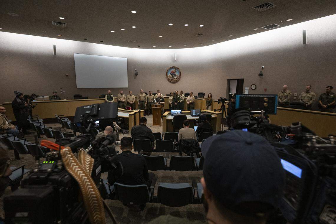 Donald O’Keefe, chief of law enforcement at Cal OES, speaks during a press conference at the Eric Rood Government Center in Nevada City on Wednesday regarding an avalanche that took place the day prior in the backcountry.