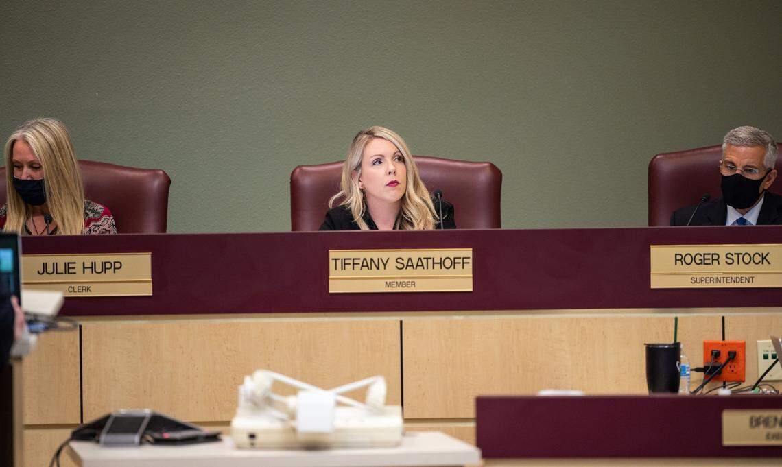 Rocklin Unified School Board member Tiffany Saathoff, seen attending a meeting in September 2021, is a pastor at Destiny Church. Her run for re-election this year is endorsed by the American Council.