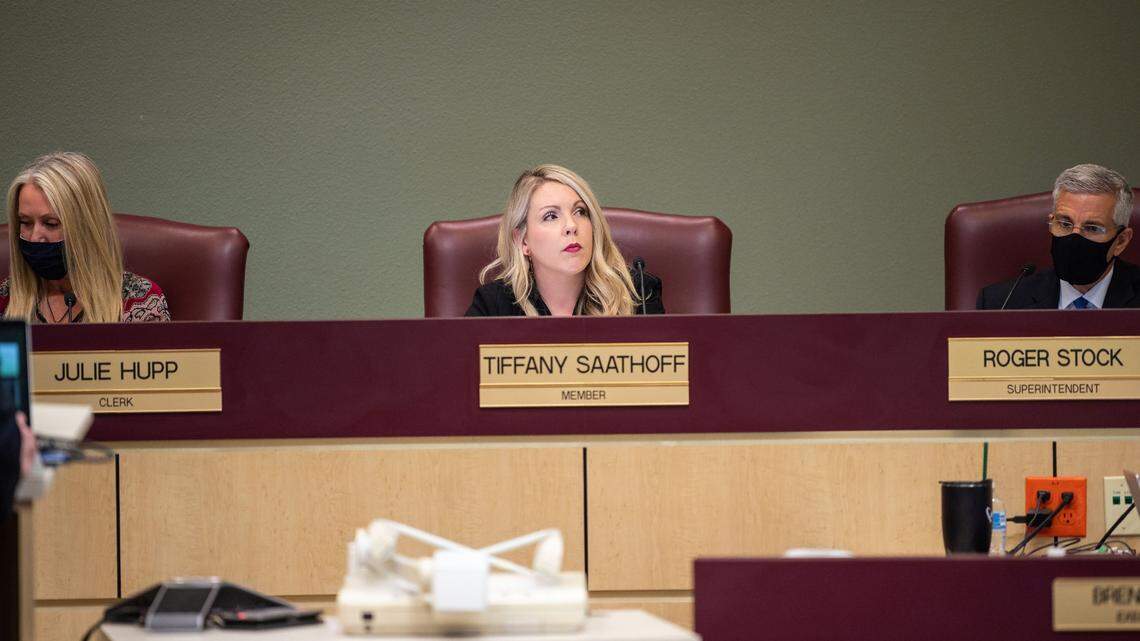 Tiffany Saathoff, Rocklin Unified School District Board of Education member, attends a meeting, Sept. 22, 2021, at the offices on Sierra Meadows Drive in Rocklin.