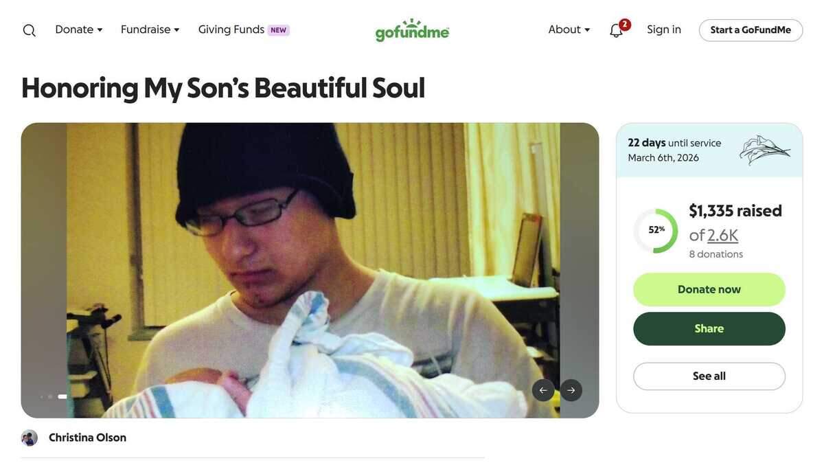 A screenshot shows a GoFundMe page created by Christina Olson to help cover cremation and interment expenses for her son, Nai Poo Saechao Jr., seen in an undated photo. The fundraiser was established after Saechao, 29, was struck and killed Saturday on a rural Yolo County roadway.