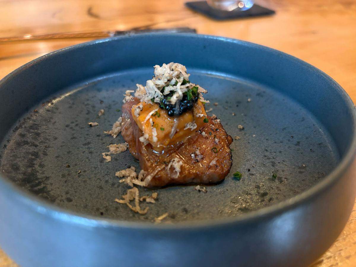The most decadent bite to eat at Hikari Sushi & Omakase in Davis. The dish – one of the last entrees before dessert – includes certified A5 wagyu beef topped with uni, or urchin meat, Sterling caviar and black truffle shavings.