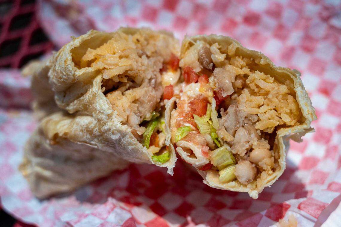 A veggie burrito is available from Pepe’s Mexican Food at the California State Fair on Friday.