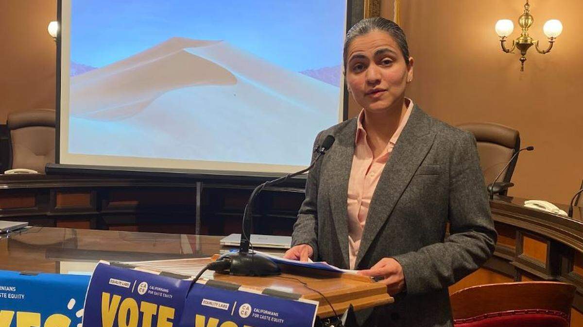 State Sen. Aisha Wahab speaks in March at the California Capitol in support of her bill which would ban caste discrimination. Newsom announced his veto of the measure Saturday.