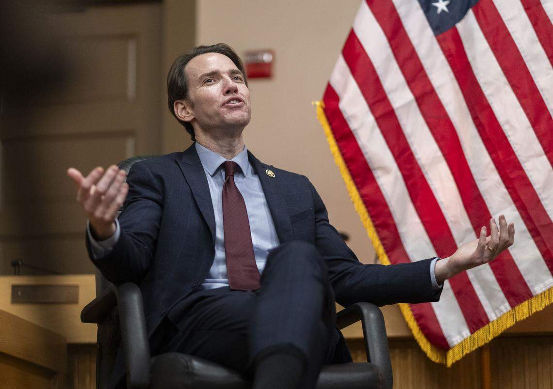 Rep. Kevin Kiley, R-Rocklin, speaks during a Sacramento Bee subscriber-only town hall meeting at the historic Loomis Train Depot in Placer County on Feb. 17.