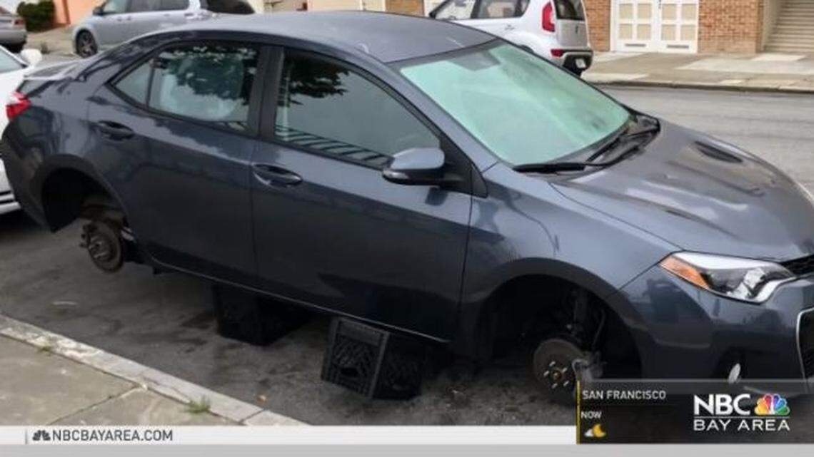 A parking ticket for a car propped on milk crates after four tires were stolen overnight left a San Francisco couple “livid,” but the California city says the citation has since been dismissed.