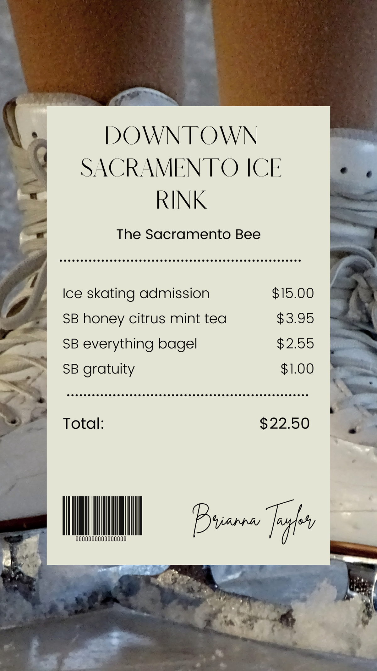 Service journalism reporter Brianna Taylor visits Downtown Sacramento Ice Rink at 701 K St., Sacramento on Dec 18, 2022 with $25. She spends majority of her budget on admission into the rink, plus a hot tea and bagel from Starbucks.
