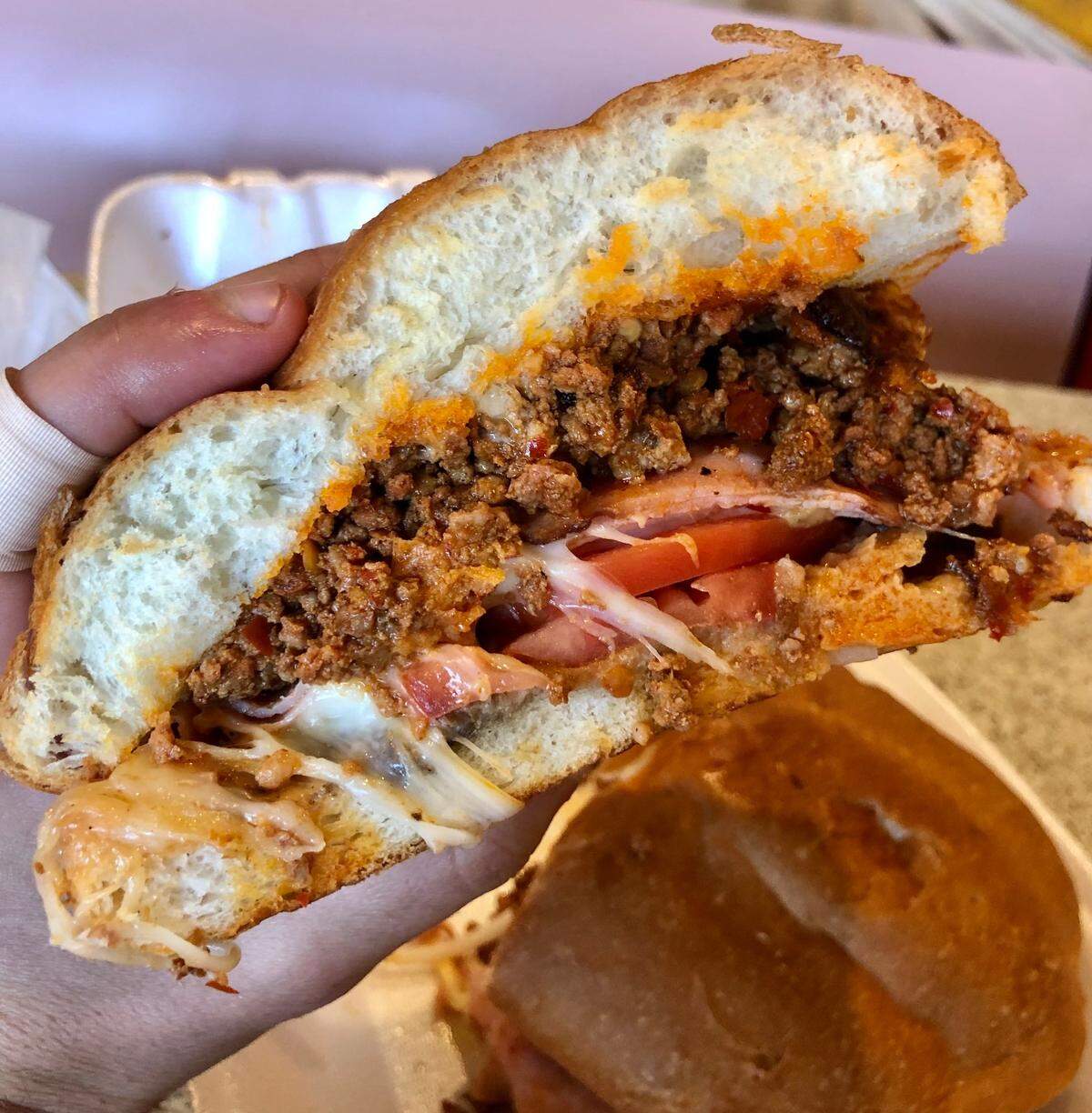Tortas Chilangas Ciudad Nezahualcoyotl’s norteña torta ($11.75) includes chorizo, quesillo and pork leg called pierna.
