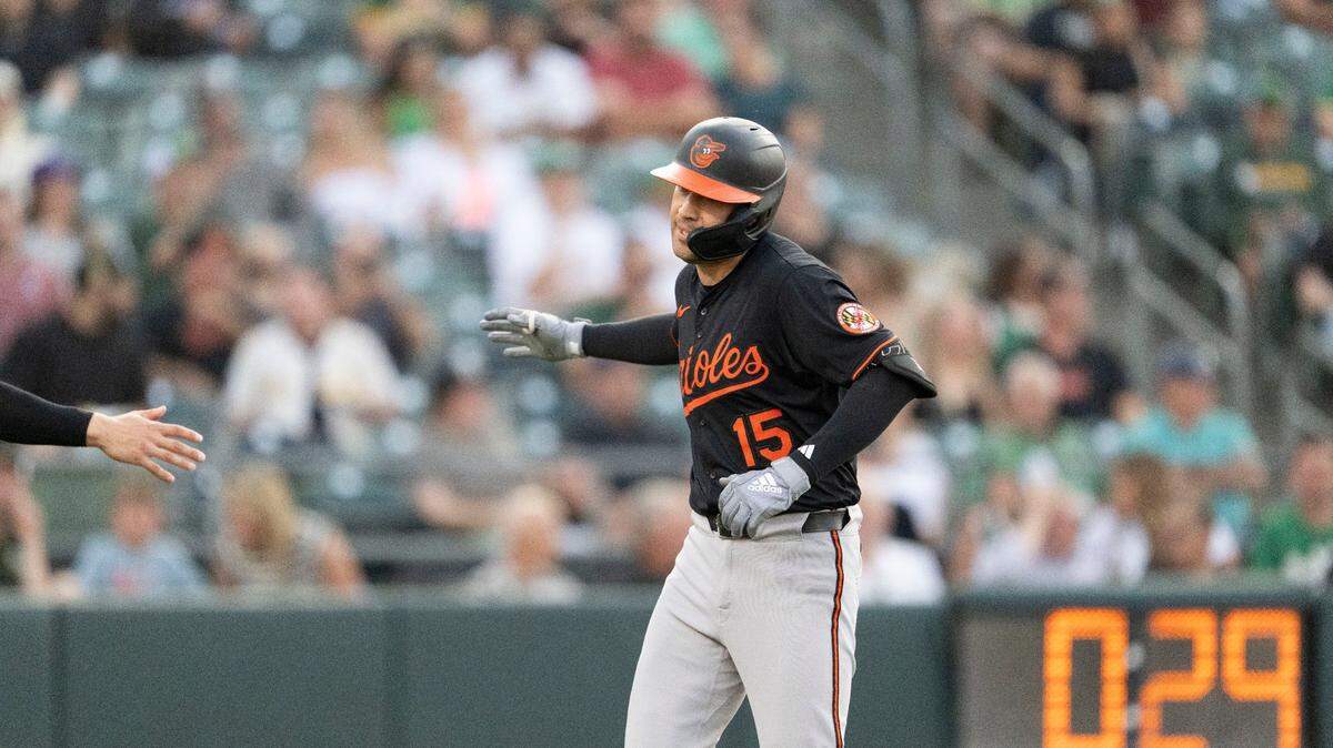Baltimore Orioles outfielder Dylan Carlson  celebrates a home run as his team makes it’s first appearance at Sutter Health Park in West Sacramento against the Athletics on Friday, June 6. Carlson, a graduate of Elk Grove High School, plays for the Chicago Cubs to start 2026.