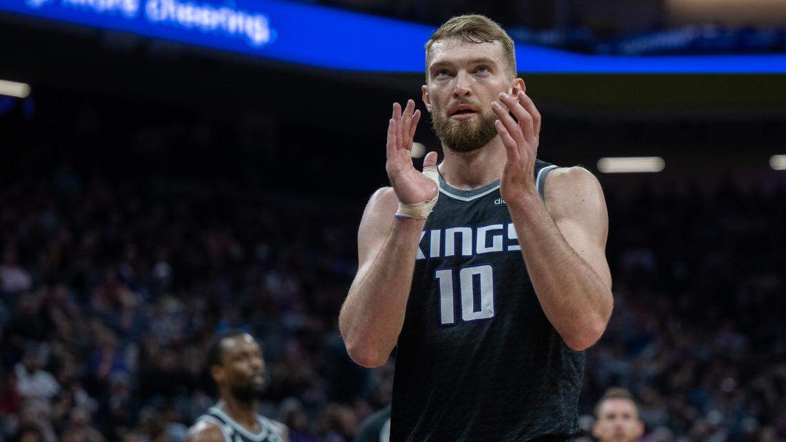 Sacramento Kings forward Domantas Sabonis (10) reacts after a basket in the second quarter during a game mat the Golden 1 Center in Sacramento, Monday, March 13, 2023.