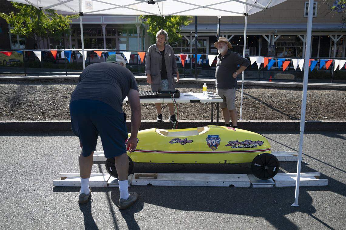 A super stock class car is weighed and inspected before the start of Folsom Historic District’s All-American Soap Box Derby in Folsom on Sunday, Oct. 5, 2025.