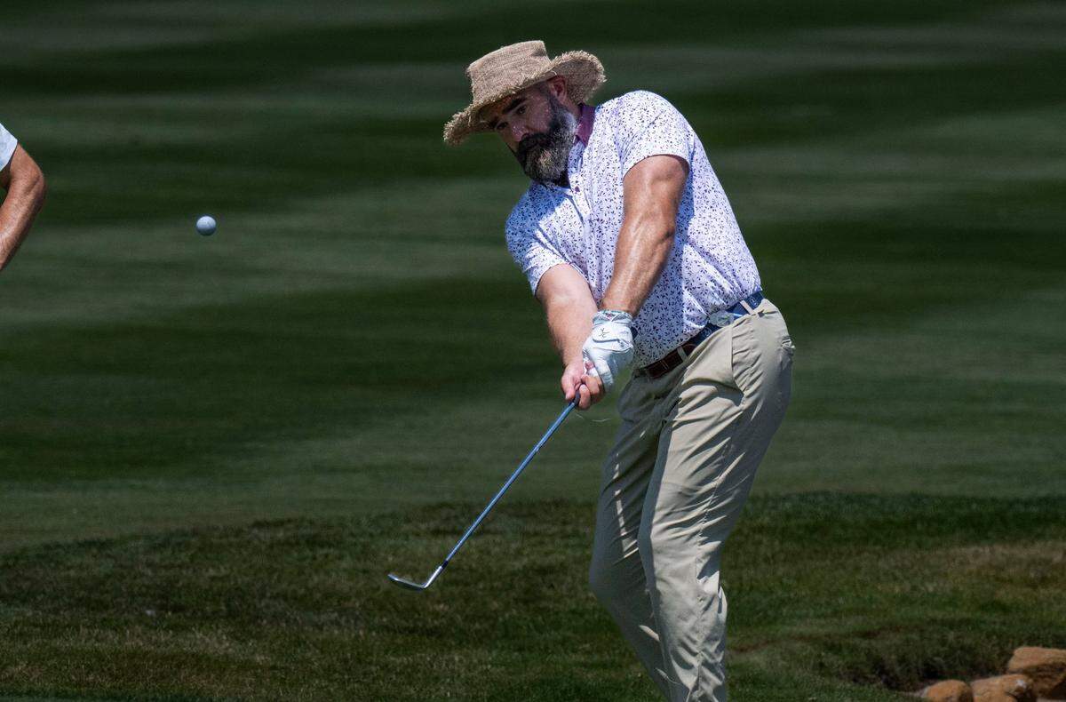 Former NFL All Pro center Jason Kelce hits the ball on the 18th hole during the final day of the American Century Championship celebrity golf tournament at Edgewood Tahoe Resort in Stateline, Nev., on Sunday, July 13, 2025.
