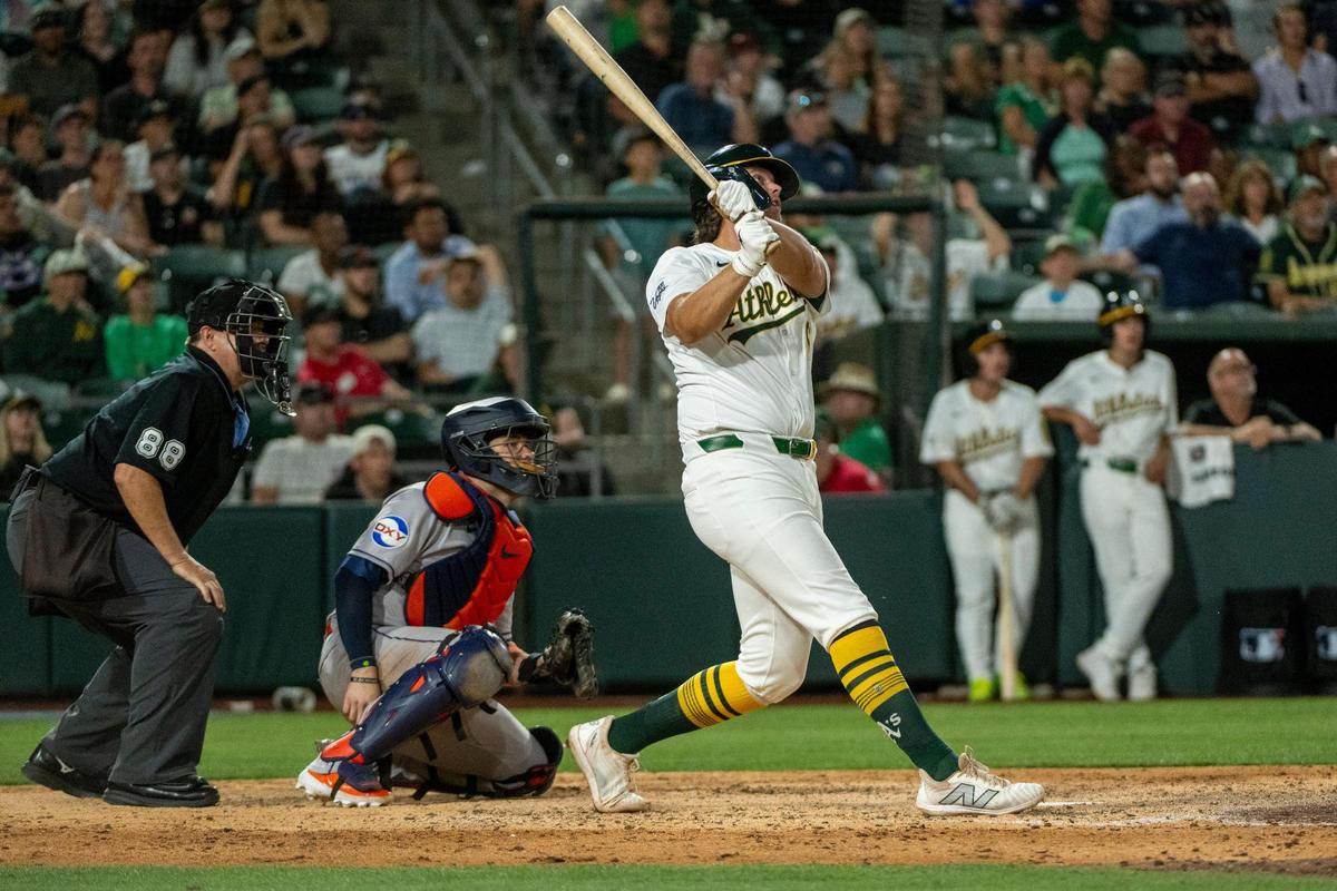 Athletics first baseman Nick Kurtz watches a walk off two-run home run during a baseball game against the Houston Astros at Sutter Health Park on Monday,