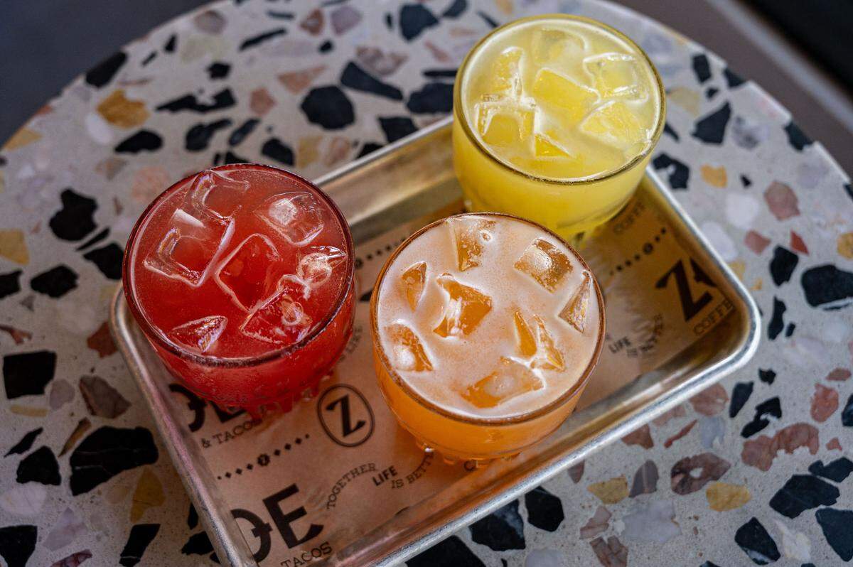 Agua frescas are available at Zoe Coffee and Tacos in Sacramento on Tuesday. The flavors include watermelon mint, cantaloupe basil and pineapple lime.