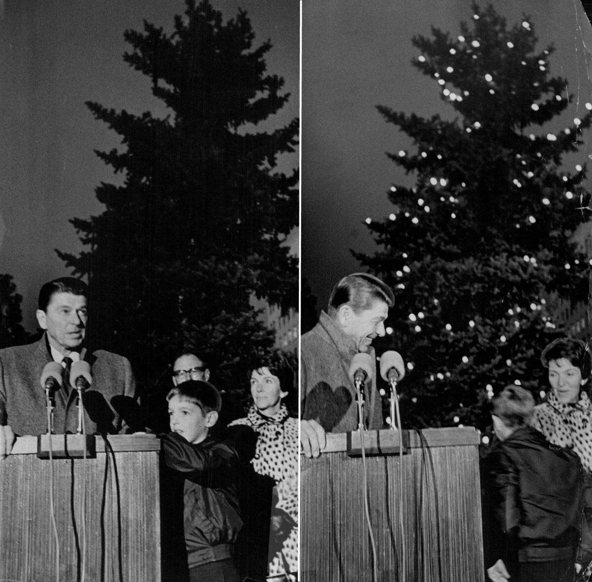 In the left image, Gov. Ronald Reagan, joined at the podium by his son Skipper, prepares to light the Capitol’s living Christmas tree at the north entrance to the building in 1967. The governor gave the boy permission to press the switch. In the right image, the tree illuminated. “How’s that for a feeling of power?” said Reagan.