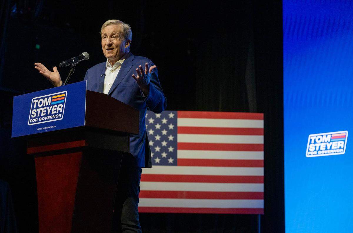 California gubernatorial candidate Tom Steyer speaks during an election night watch party at the Regency Ballroom in San Francisco on Tuesday.