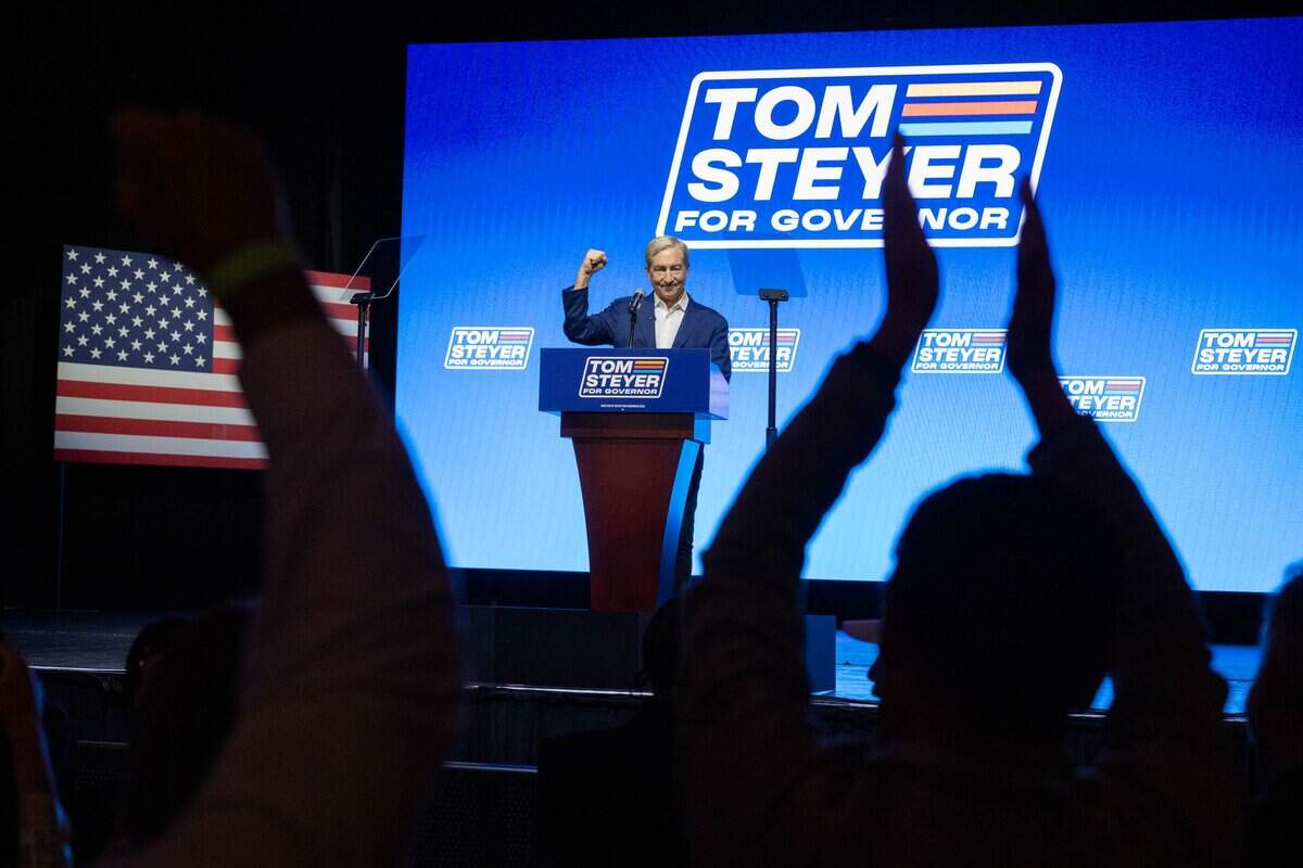 California gubernatorial candidate Tom Steyer speaks during a election night watch party at the Regency Ballroom on Tuesday in San Francisco. Steyer, a Democrat, was running in third place – a position that would not allow him to advance to the general election.