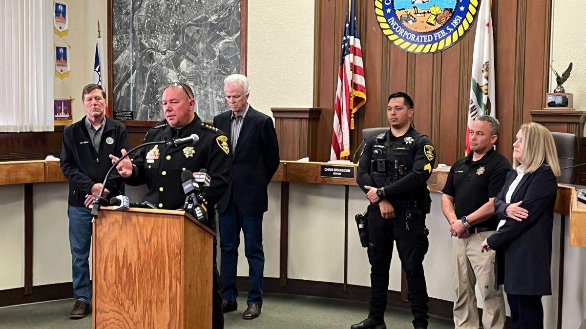 Marysville Police Chief Christian Sachs speaks in Marysville City Council chambers on the death of Officer Osmar Rodante. He told reporters that state lawmakers need to “wake up” after a convicted felon and sex offender killed the two-year Marysville police officer last week during a SWAT operation.