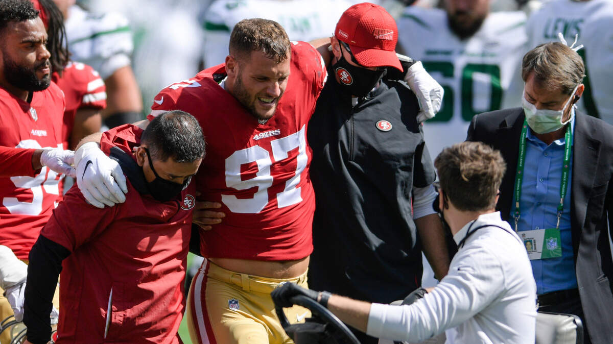San Francisco defensive end Nick Bosa likely tore an ACL during the 49ers’ win over the Jets on Sunday.