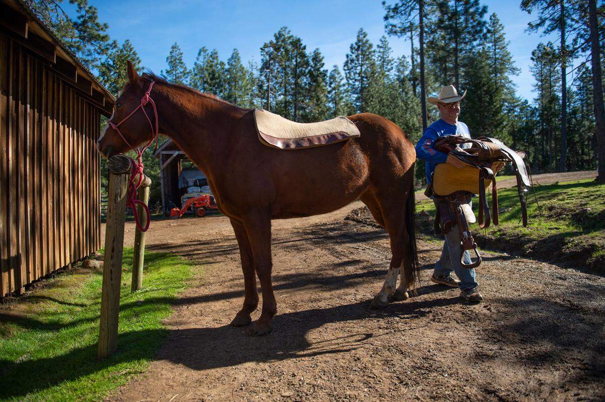 Jim Gund saddles his horse in the remote community of Kettenpom in Trinity County in February 2018. Gund and his wife Norma say they’re lucky to be alive after an unstable ex-boyfriend of her neighbor went on a killing rampage and stabbed the Gunds after they responded to a welfare check on their neighbor requested by the Trinity County sheriff’s office.