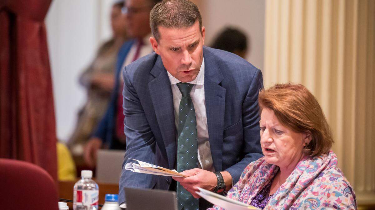 Senate Majority Leader Mike McGuire, D-Healdsburg, left, speaks with Senate President Pro Tem Toni Atkins, D-San Diego, as a bill is being discussed in Senate chambers Tuesday. McGuire will take over the leadership role, likely early next year.