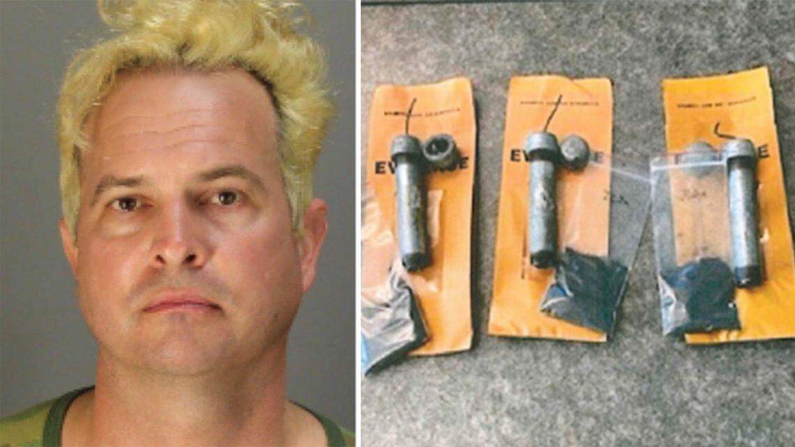 Ian Benjamin Rogers, a supporter of former President Trump, was armed and planning to carry out violent attacks, the FBI said. At right, some of the improvised explosive devices that federal agents said they seized from his Napa home.