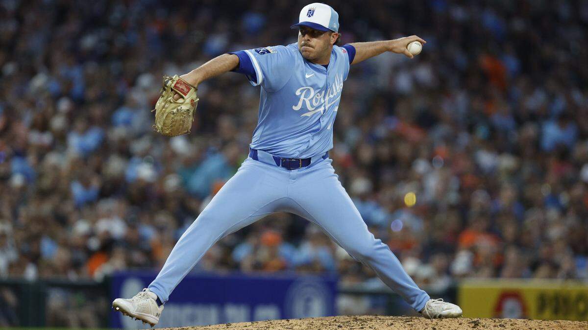 Kansas City Royals pitcher Sam Long throws during the ninth inning against the Detroit Tigers on Aug. 23, 2025, at Comerica Park in Detroit. Long, born and raised in Fair Oaks and playing for Del Campo High School and Sacramento State, returned to the Sacramento region to face the Athletics this weekend.