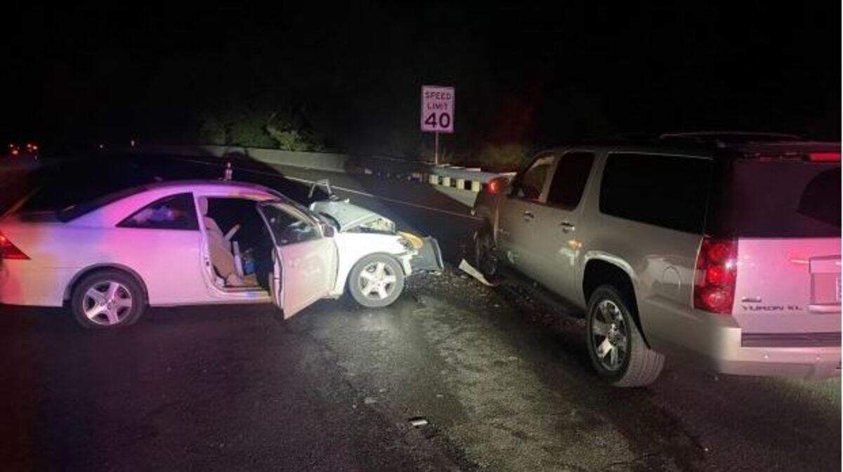A Honda Civic driven by an alleged drunk driver going the wrong way on Highway 50 in Placerville on Friday, Oct. 8, 2022, struck an SUV, injuring a 15-year-old passenger, police said. Anthony Estrada, 36, of Oakland, was arrested on DUI charges.