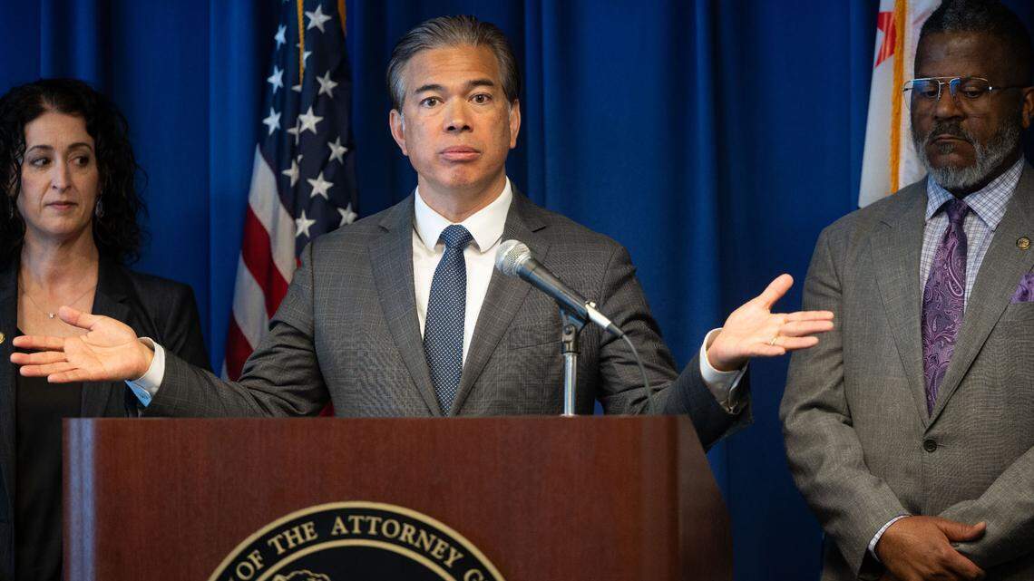 California Attorney General Rob Bonta, seen speaking during a March 13 news conference on an annual firearms report, on Friday urged Californians to consider invoking state privacy rights by deleting their genetic data from 23andMe, which faces bankruptcy.