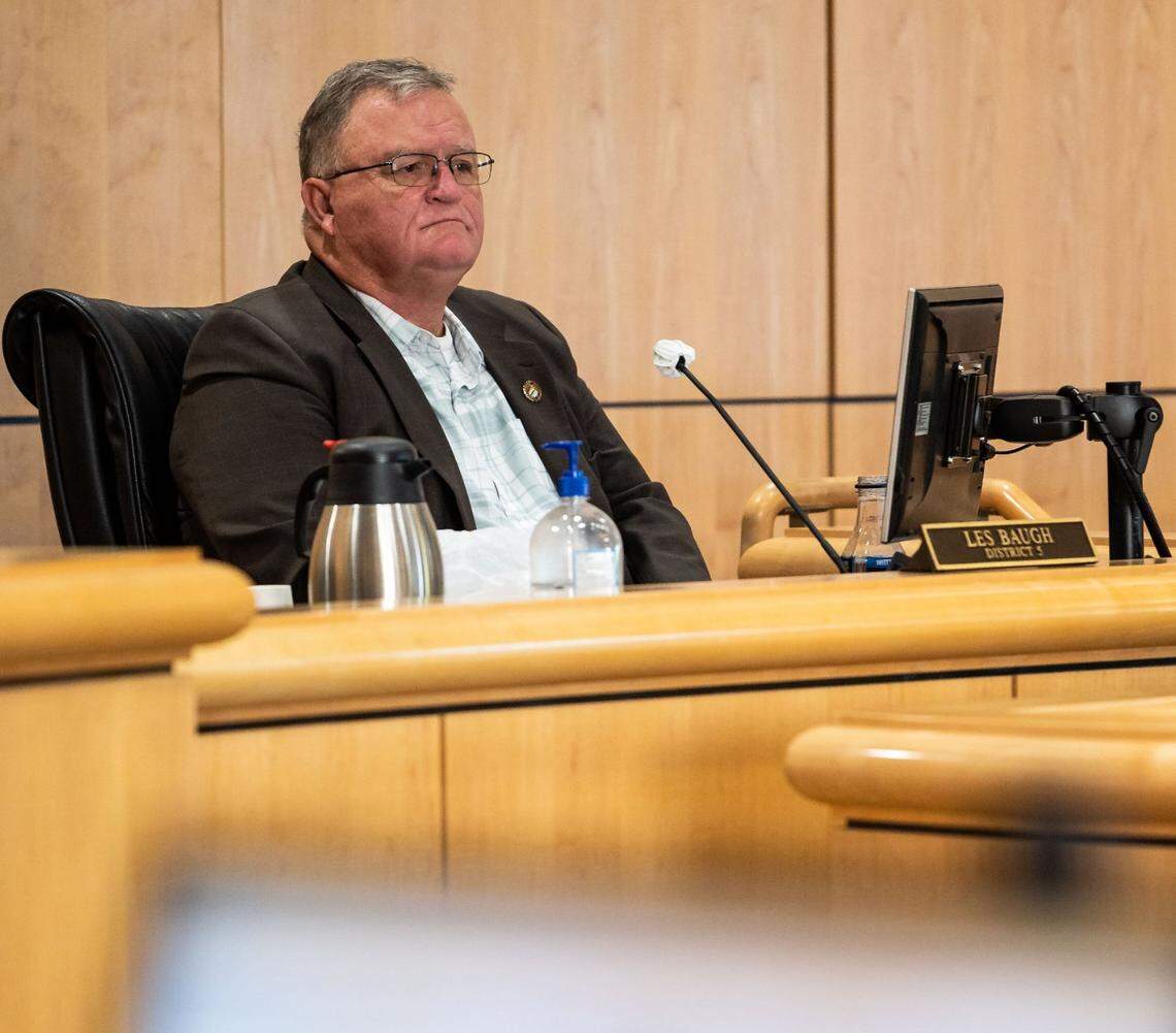 Shasta County Supervisor Les Baugh listens to public comment in 2020 in Redding. Baugh had called for a special meeting to hear testimony from local healthcare workers who were urging the board to rebel against state vaccination edicts, but was not able to attend after testing positive for COVID-19.