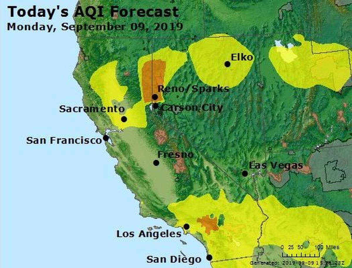 An air quality index forecast map for Monday, Sept. 9, 2019, shows smoke impact from the Walker Fire burning in Plumas County.