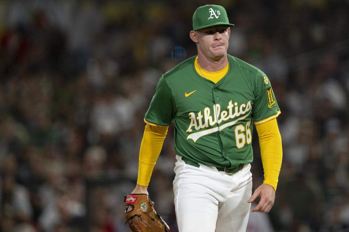 Athletics pitcher Brady Basso (66) reacts after throwing a pitch during a game between the Athletics and the Red Sox at Sutter Health Park in West Sacramento on Monday, Sept. 8, 2025.