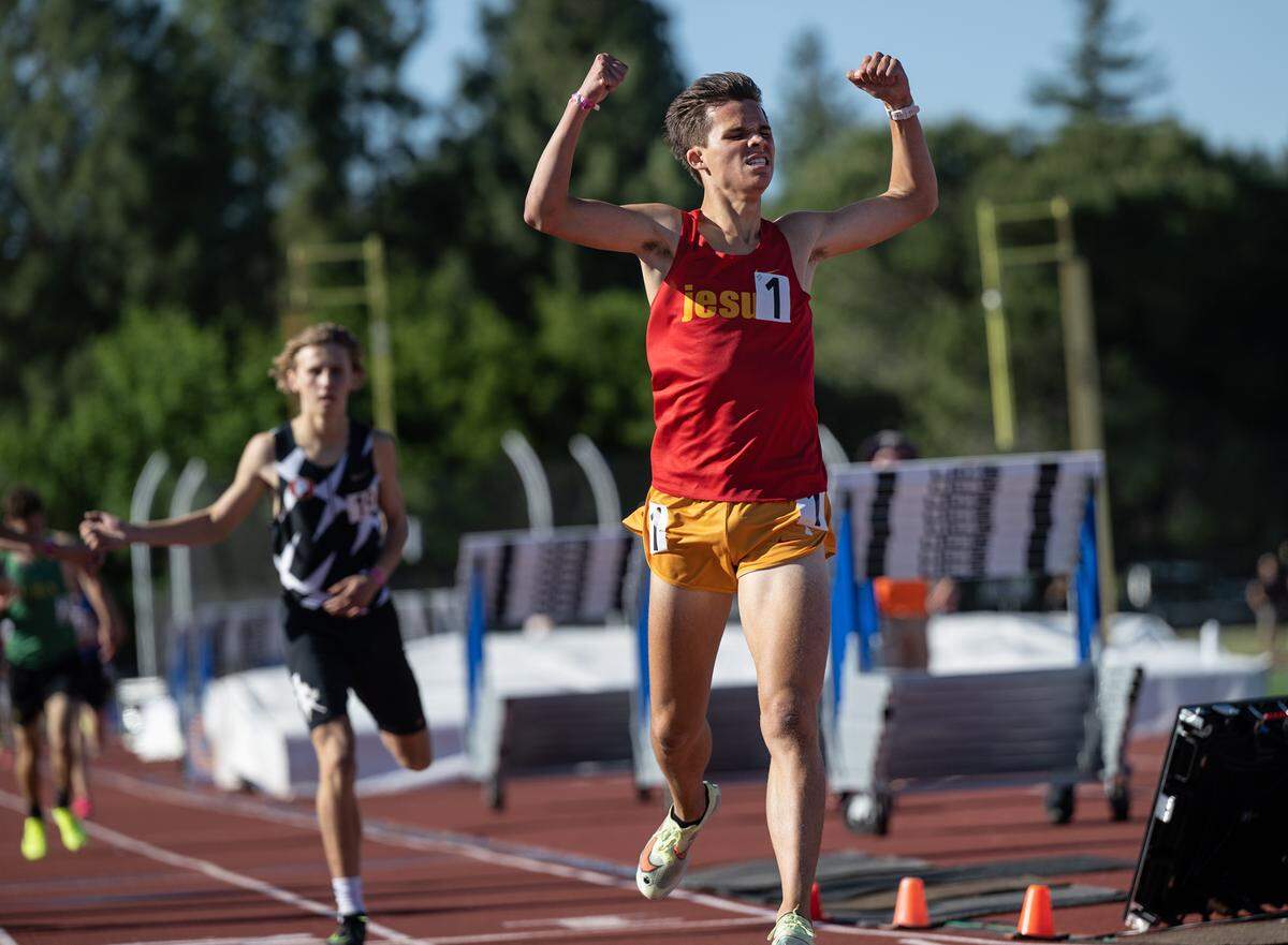 Brandon Moreno of Jesuit won the 1600 meter race with a time of 4:13.88 in the CIF Sac-Joaquin Section Masters track finals at Davis High School in Davis, Calif., Saturday, May 20, 2023.