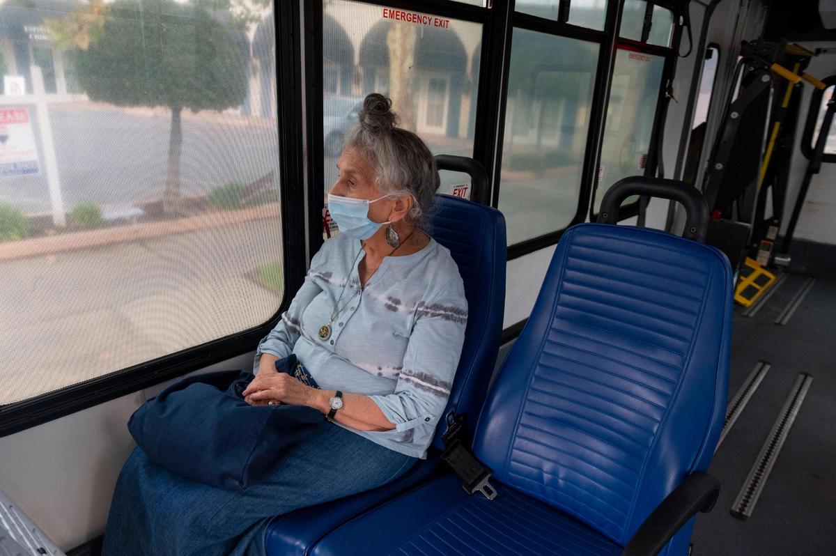 Rosalie Rashid, 81, rides SmaRT Ride by Sacramento Regional Transit to Trader Joe’s on Friday, Sept. 11, 2020. “I’m much less tired using this because they drop me right off at my front door,” said Rashid, who’s always taken public transit but started using the SmaRT Ride during COVID because she felt it was safer.