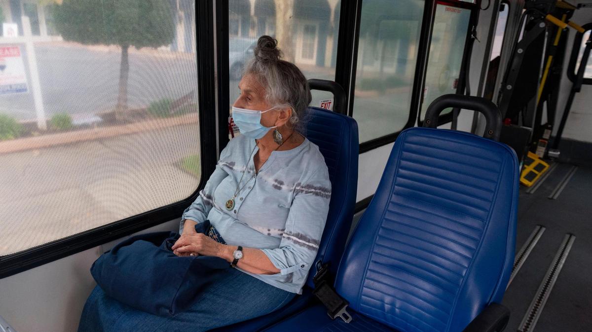 Rosalie Rashid, 81, rides SmaRT Ride by Sacramento Regional Transit to Trader Joe’s on Friday, Sept. 11, 2020. “I’m much less tired using this because they drop me right off at my front door,” said Rashid, who’s always taken public transit but started using the SmaRT Ride during COVID because she felt it was safer.