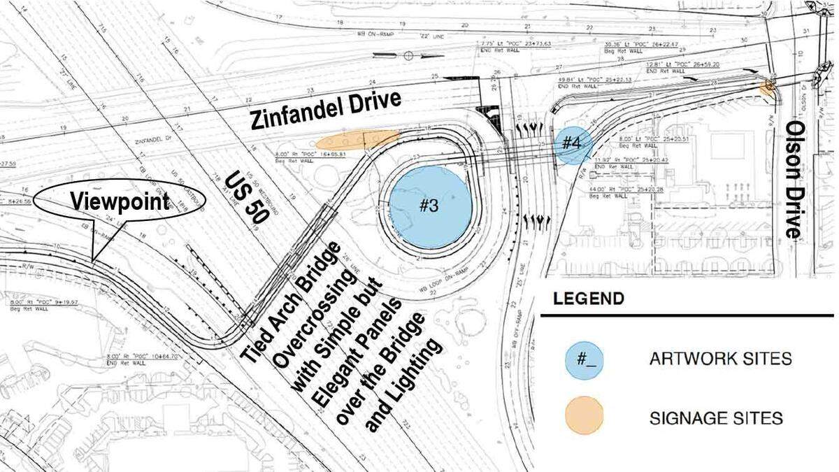 A new tier-arch bridge spanning Highway 50 in Rancho Cordova would cross the freeway near Zinfandel Drive and provide pedestrians and cyclists with a path under Gold Center Drive and the freeway off-ramp