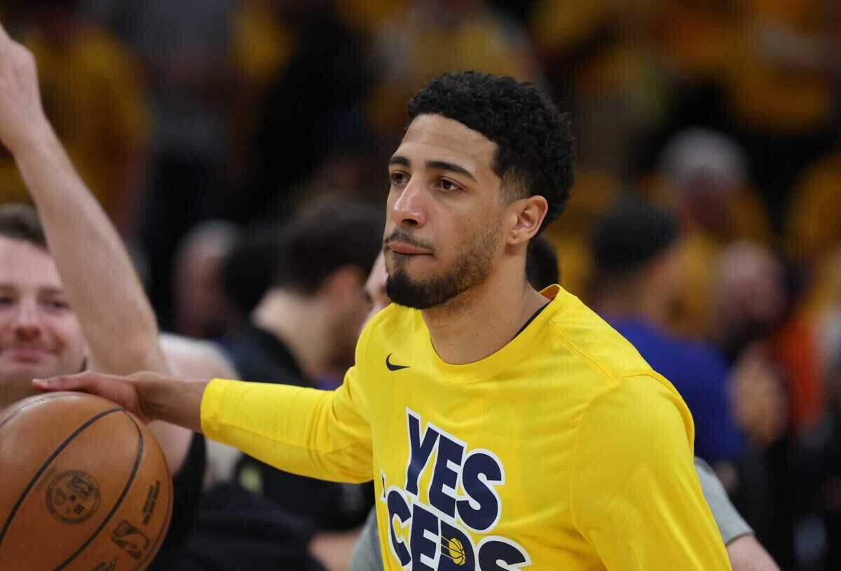 Point guard Tyrese Haliburton (0) warms up prior to Game 4 of the Eastern Conference Finals between the Indiana Pacers and the New York Knicks for the 2025 NBA Playoffs at Gainbridge Fieldhouse. Haliburton and Buddy Hield were traded to the team in 2022 for Domantis Sabonis.