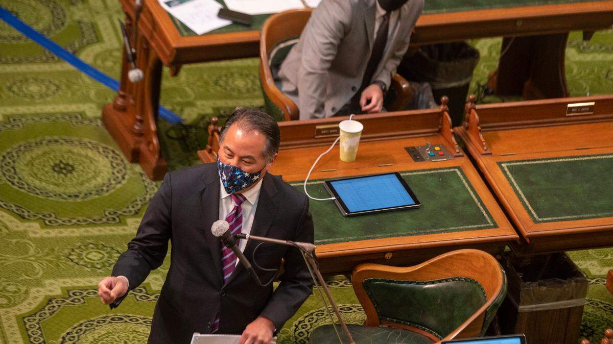 Assemblyman Phil Ting, a San Francisco Democrat and chair of the Assembly Budget Committee, speaks at the California State Capitol on Monday, June 15, 2020.