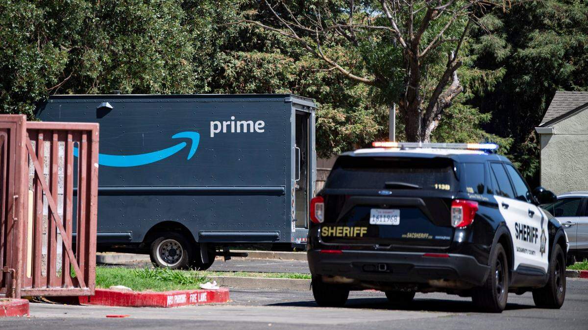 A recovered Amazon truck sits in a parking lot off Dewey Boulevard on Tuesday, Aug. 29, 2023, after being stolen earlier in the day in the Lemon Hill neighborhood of Sacramento County.