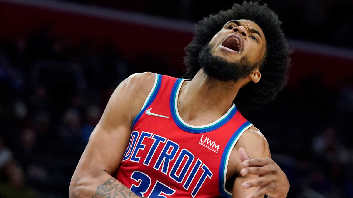 Pistons forward Marvin Bagley III is fouled during a game March 25, 2022, in Detroit.