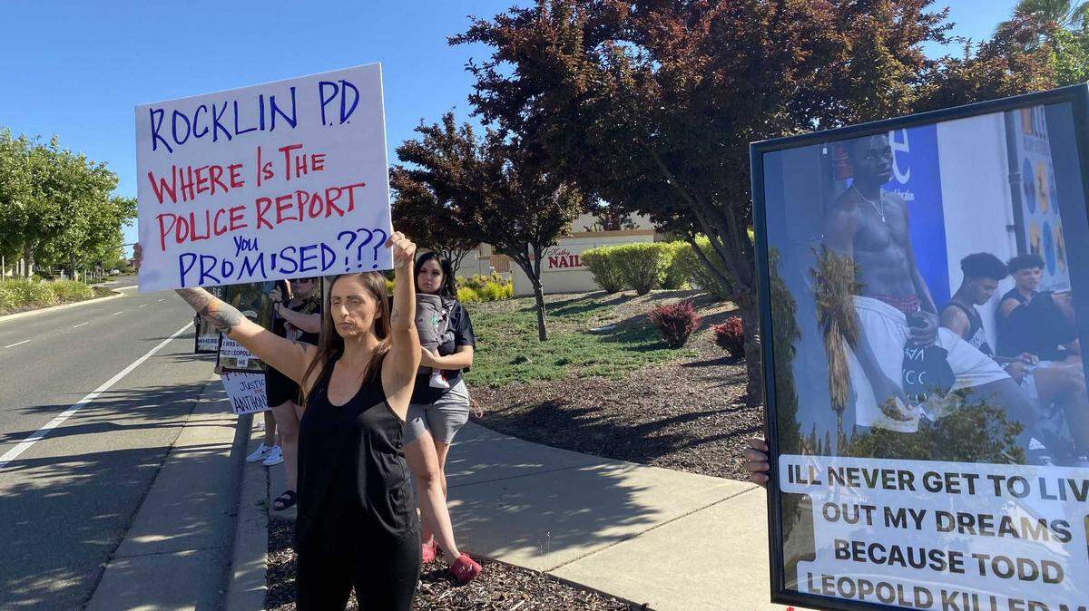 Erin Acosta participates in a protest on May 13, 2022, not far from where a vehicle driven by Placer County CEO Todd Leopold fatally struck Anthony Williams on March 19, 2022, on Lonetree Boulevard in Rocklin, California.